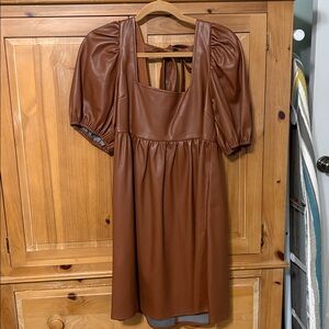 Brown Faux Leather Dress with Puff Sleeves size Large